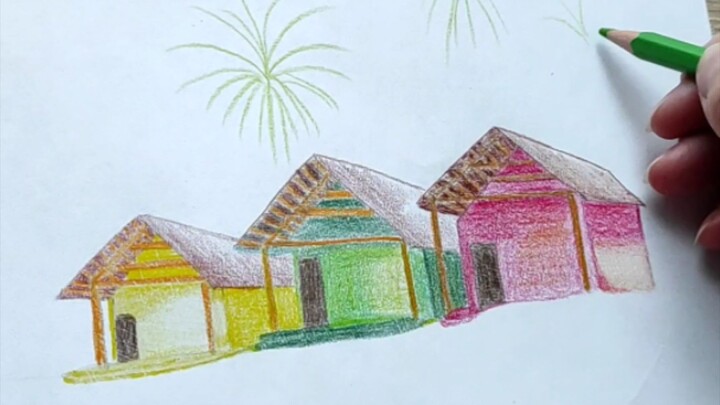 Houses under palm trees🌴pencil drawing. Goa drawing India