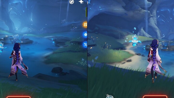 Genshin Impact desktop and mobile image quality comparison, the special effects are full height.