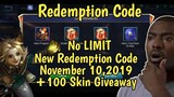Mobile Legends Redemption Code (NO LIMIT) | November 10,2019 + 100 Skin Giveaway