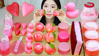 ASMR MUKBANG| 핑크 디저트 딸기 아이스크림 화과자 마카롱 젤리 먹방 & 레시피 DESSERT ICE CREAM MACARONS EATING