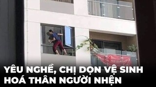 Hoá người nhện, chị lao công vắt vẻo trên toà nhà cao tầng