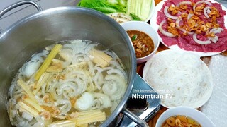 THỊT BÒ NHÚNG NƯỚC DỪA Cuốn Bánh Tráng Bún Rau Sống Chấm Mắm Nêm Cá Cơm Cực Ngon |Nhamtran FV