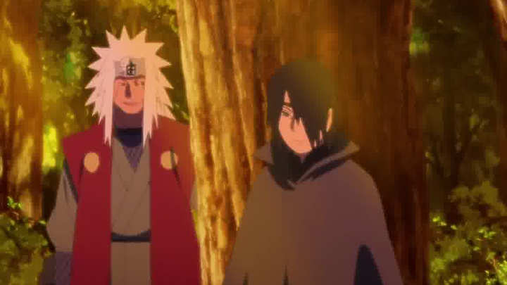 Lần đầu tiên Sasuke trở lại Konoha, Jiraiya đã có một cuộc trò chuyện ngắn với cậu và tìm ra danh tí