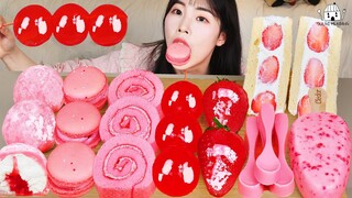 ASMR MUKBANG| 핑크 디저트 딸기 아이스크림 탕후루 마카롱 젤리 먹방 & 레시피 DESSERT ICE CREAM MACARONS EATING