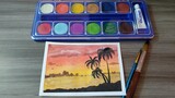 Watercolor painting || melukis pemandangan pantai menggunakan cat air