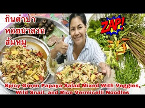 กินส้มตำป่า, หอยนาลวก, ส้มหมู Eat Spicy Green Papaya Salad Mixed WithVeggies, Wild Snail