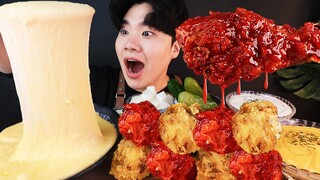 ASMR MUKBANG 양념 치킨먹방! & 치즈퐁듀 FRIED CHICKEN & STRETCHY CHEESE EATING SOUND! Gà