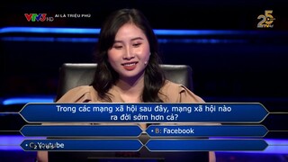 AI LÀ TRIỆU PHÚ - Câu hỏi "Mạng xã hội nào ra đời sớm nhất?" đã đá bay cô gái xinh đẹp khỏi ghế nóng