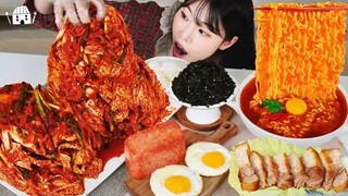 ASMR MUKBANG| 직접 만든 김장 김치 열라면 통스팸 집밥 먹방 & 레시피 FRIED SPAM AND FIRE NOODLES EATING