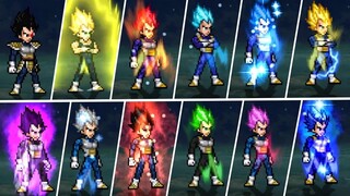 Vegeta All Transform Ultra Ego, Ha Kai, Ui, Master Ui, SSJ, SSJ2, SSJ4, SSJ GOD, SSJ BLUE, SSJ SSB.