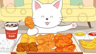 Mukbang gà rán đầu tiên của Mèo con, hãy chăm sóc cho tôi nhé! [Hoạt hình animemukbang]