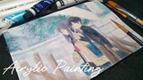 [Part 1] Menggambar Kubo san dan Shiraishi yang sedang berjalan bersama saat hujan Acrylic Painting