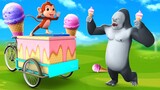 Funny Monkey Tease Gorilla with Ice Cream Truck | Monster Bike in Forest | Animal Comedy Videos 3D
