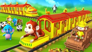 Monkey and Dragon Train Ride by Baby Animals in Forest | 3D Funny Animals Cartoons Comedy Videos