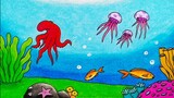 Menggambar macam macam hewan laut || Cara mewarnai gradasi pemandangan bawah laut