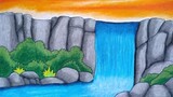 Menggambar pemandangan air terjun || Belajar menggambar dan mewarnai pemandangan