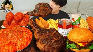 ASMR MUKBANG 직접 만든 치즈 햄버거 토마호크 스테이크 고추장 파스타 치킨먹방! & 레시피 FIRE NOODLES AND CHEESE BURGER EATING SOUND!