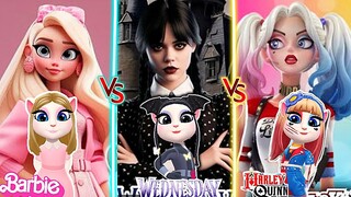 #wednesday Addams bloody 🖤❤️ #harley Quinn 💛♥️ #barbie cute doll 🎎 #mytalkingangela2😍♥️ #cosplay