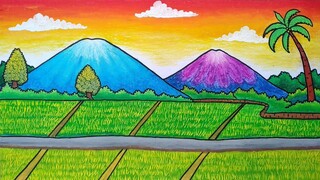 Menggambar pemandangan sawah dan gunung || Belajar menggambar pemandangan