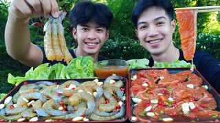 แชลมอนดองชิ้นใหญ่ๆ กุ้งดองตัวโตๆ กินกับซีฟู้ดแซ่บสุดๆ