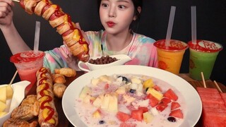 SUB) !🍉🍎🥝 Fruit Punch with Corndog Dessert Mukbang Asmr