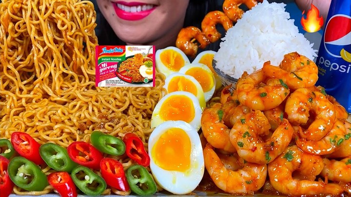 ASMR SPICY INDOMIE MI GORENG, SPICY GARLIC SHRIMP, SOFT BOILED EGG, RICE MASSIVE Eating Sounds