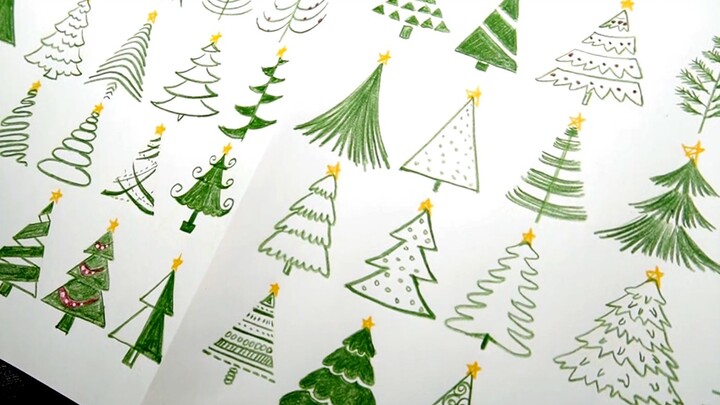 【ซีรีส์ 100 】วาดต้นคริสต์มาส 100 ต้น! ต้นคริสต์มาสสามารถวาดได้กี่สไตล์? ต้องมีสำหรับการ์ดอวยพรที่วาด