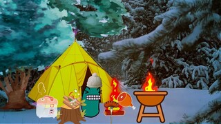 camping and cooking snow forest