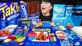 ASMR MUKBANG 파랑 편의점 불닭 떡볶이 먹방!! 핫도그 & 햄버거 FIRE Noodle & HOT DOG & HAMBURGER EATING SOUND!