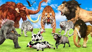 5 Zombie Tiger Lion vs Giant Boss Gozilla Attack Baby Cow Gorilla Saved by 5 Woolly Mammoth Buffalo