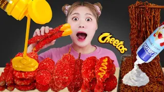 Mukbang Cheetos FIRE CHICKEN & CHEETOS HOT DOG CHEESE STICK CHEESE BALLS EATING SOUND by HIU 하이유