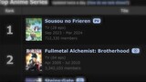 Anime Frieren Mengalahkan Fullmetal Alchemist Brotherhood dari rank 1 nya!  😱