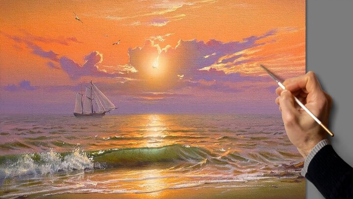 [Oil painting] The waves roll up the afterglow of the setting sun, and the blue waves are fading