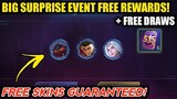 BIG SURPRISE EVENT FREE EPIC SKINS AND STUN SKINS + FREE DRAWS! MOBILE LEGENDS