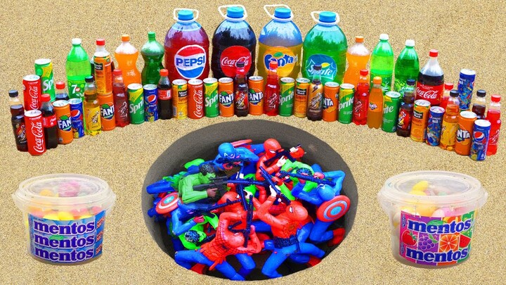 Spiderman vs Pepsi, Coca Cola, Fanta, Mirinda | Experiment Pour Fresh Water Into A Splashing Jar