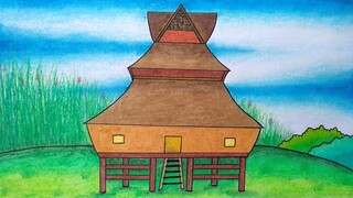 Menggambar  rumah adat batak || Cara menggambar rumah karo