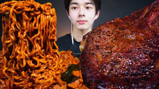 ASMR MUKBANG BLACK BEAN NOODLES & TOMAHAWK STEAK ไก่จาจังมยอนกินเสียง