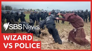 ‘Wizard’ taunts German police stuck in the mud at coal mine protest I SBS News