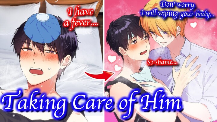 【BL Anime】My partner has a fever. While wiping his body, I lose all reason and pin him down in bed.