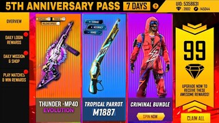 Diamonds !! 5th Anniversary Pass 2022 - Criminal Bundle | Calendar Free Fire Max New Event Today