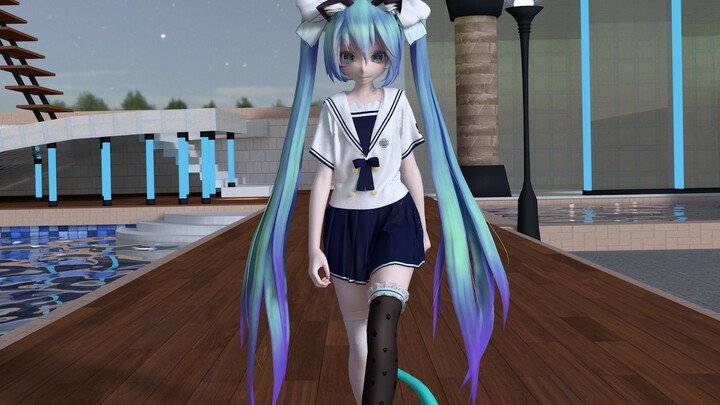 Setelan pelaut kain hitam dan putih, ekor kucing, tari kolam Hatsune · Hatsune MMD