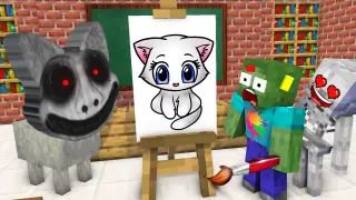 Monster School : BABY MONSTERS SMILE CAT DRAWING CHALLENGE - Minecraft Animation