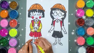 Maruko-Chan Và Bạn Đi Học ✍ Vẽ Và Tô màu Tranh Cát Nhân Vật Hoạt Hình Maruko 🎨 | Heo Xinh