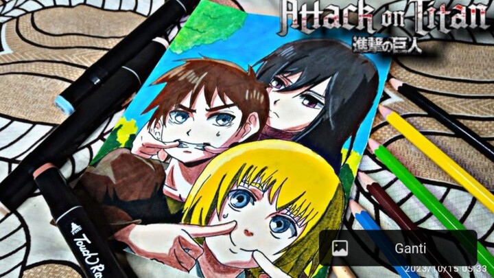 (Speed Drawing)  Menggambar Eren,mikasa,armin dari serial anime - Attack on Titan