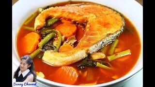 แกงส้มผักปลัง แซลมอนทอด : Malabar Spinach Sour Curry with Fried Salmon l Sunny Thai Food