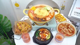 [อาหาร]ทำไข่เจียวแฮม ไก่ทอด บิบิมบับ และหม้อไฟแรง