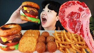 MUKBANG ASMR 스테이크 햄버거 & 토마호크 스테이크 & 해쉬브라운 감자 치즈볼 STEAK BUGGER & HASH BROWNS EATING SOUND!