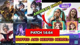 BIG UPDATE MLBB || BUFFED AND NERFED HEROES , EQUIPMENTS || ANDREA'S EMOTE || PATCH 1.6.64 MLBB