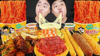 ASMR MUKBANG 직접 만든 치즈 피자 불닭볶음면 치즈스틱 핫도그 먹방 & 레시피 FIRE NOODLES AND CHEESE PIZZA EATING SOUND!