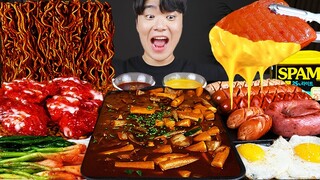 ASMR MUKBANG 직접 만든 대왕 가래떡 떡볶이 불닭볶음면 소세지 치킨먹방! & 레시피 FIRE NOODLES AND Tteokbokki EATING SOUND!